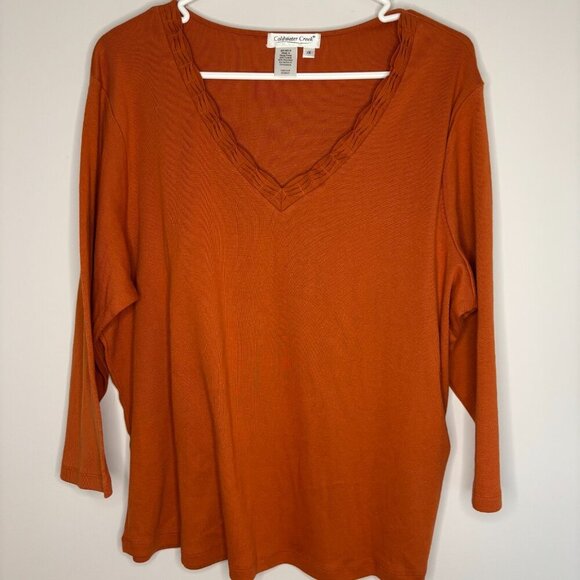 COLDWATER CREEK V-Neck Tee 1X Orange Pleats Soft Stretch - Picture 4 of 4